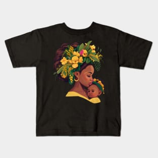 Afro Mom And Child With Flower Hair Mothers Day Kids T-Shirt